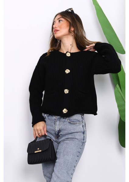 Siyah Selanik Örgülü Kısa Triko Hırka