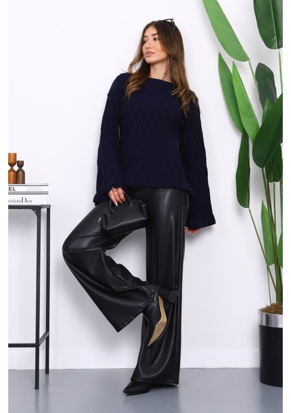 Lacivert Bel ve Kol Ucu Fırfırlı Triko Kazak fiyatları