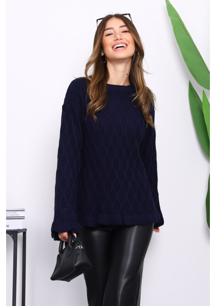 Lacivert Bel ve Kol Ucu Fırfırlı Triko Kazak modelleri