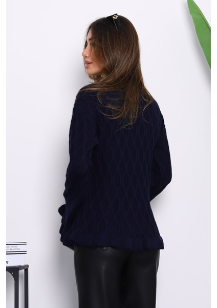 Lacivert Bel ve Kol Ucu Fırfırlı Triko Kazak fırsatları