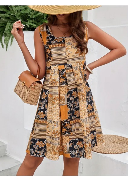 Kadın Sıfır Kol Yuvarlak Yaka Çiçek Desenli Süprem Elbise