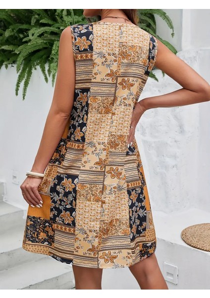 Kadın Sıfır Kol Yuvarlak Yaka Çiçek Desenli Süprem Elbise
