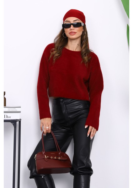 Bordo Bisiklet Yaka Angora Yumoş Crop Triko Kazak