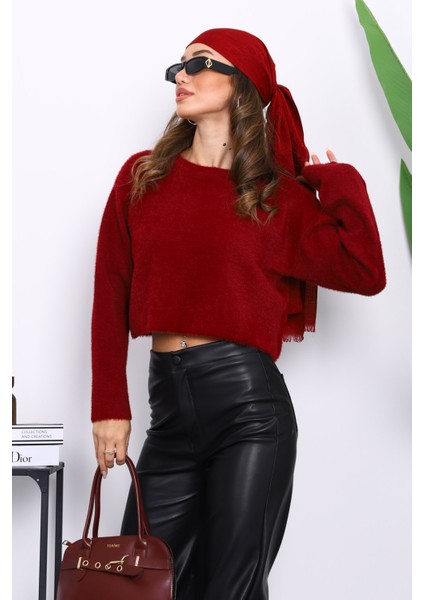 Bordo Bisiklet Yaka Angora Yumoş Crop Triko Kazak modelleri