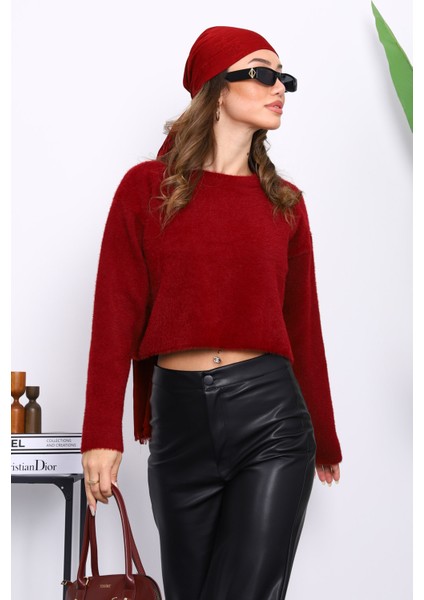 Bordo Bisiklet Yaka Angora Yumoş Crop Triko Kazak fırsatları