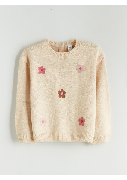 Yeni Sezon Bisiklet Yaka Çiçekli Kız Çocuk Triko Kazak