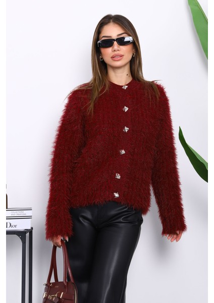 Bordo Düğmeli Simli Angora Yumoş Triko Hırka