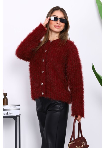 Bordo Düğmeli Simli Angora Yumoş Triko Hırka modelleri
