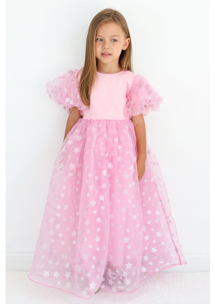 Pembe Yıldızlı Tül Etekli Kız Çocuk Elbise - Elsa