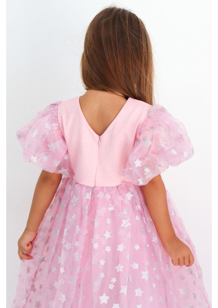 Pembe Yıldızlı Tül Etekli Kız Çocuk Elbise - Elsa