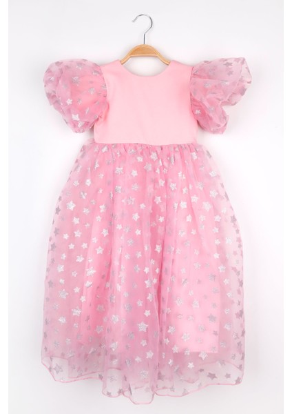 Pembe Yıldızlı Tül Etekli Kız Çocuk Elbise - Elsa
