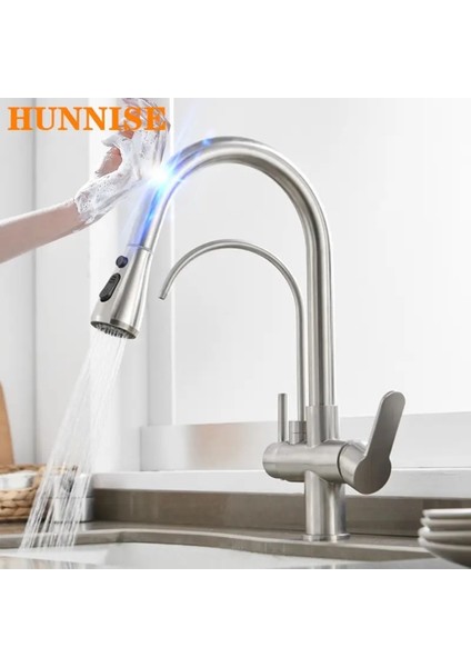 Mutfak Evye Bataryası Smart Dual Flow Su Arıtma Çıkışlı Mat Nikel Dokunmatik Spiralli 7 Yıl Garanti