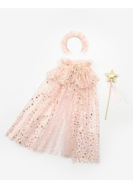 Pudra Yıldız Baskılı Kız Çocuk Yıldızlı Pelerin Asa ve Taç Set indirimleri