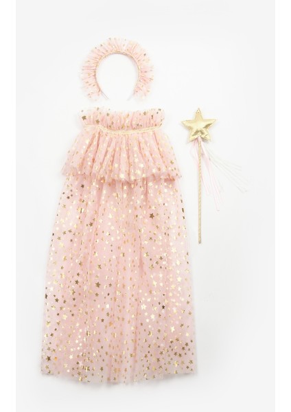 Pudra Yıldız Baskılı Kız Çocuk Yıldızlı Pelerin Asa ve Taç Set