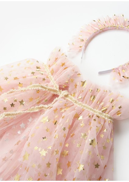 Pudra Yıldız Baskılı Kız Çocuk Yıldızlı Pelerin Asa ve Taç Set