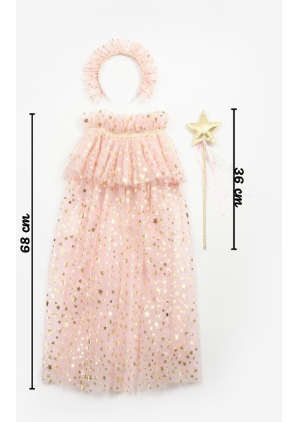 Pudra Yıldız Baskılı Kız Çocuk Yıldızlı Pelerin Asa ve Taç Set