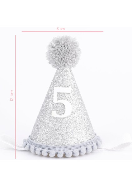 Gri 5 Yaş Ponponlu Huni Doğum Günü Tacı