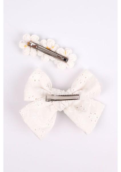 Ekru Fisto Fiyonk Örgü Çiçek 2'li Klips Toka