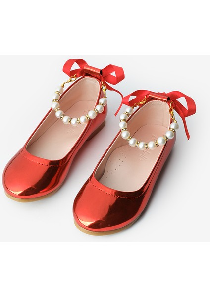Kırmızı İncili Topuğu Fiyonklu Kız Çocuk Ayakkabı modelleri
