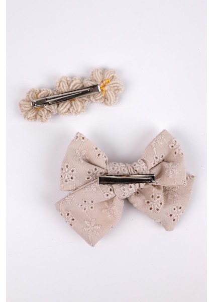 Bej Fisto Fiyonk Örgü Çiçek 2'li Klips Toka