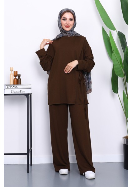 Kahverengi Yan Bağlamalı Tunik Pantolonlu Modal Takım