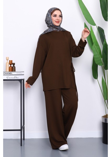 Kahverengi Yan Bağlamalı Tunik Pantolonlu Modal Takım fiyatları