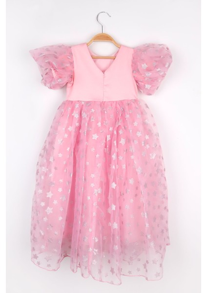 Pembe Yıldızlı Tül Etekli Kız Çocuk Elbise - Elsa