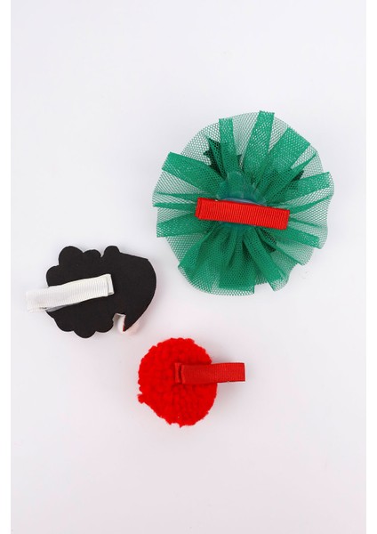 Yeşil Tül Detaylı Kokina Çiçekli 3'lü Klips Toka Set