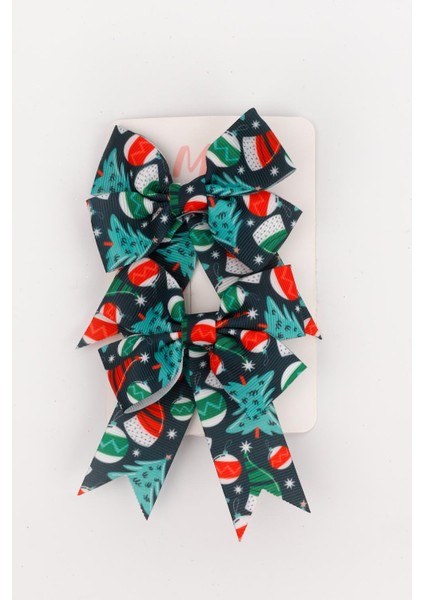 Lacivert Çam Ağacı Desenli 2'li Kız Çocuk Fiyonk Klips Toka