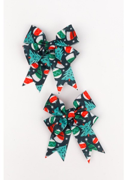 Lacivert Çam Ağacı Desenli 2'li Kız Çocuk Fiyonk Klips Toka