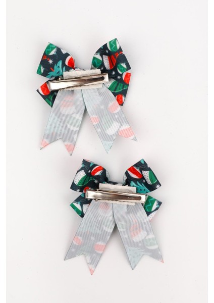 Lacivert Çam Ağacı Desenli 2'li Kız Çocuk Fiyonk Klips Toka