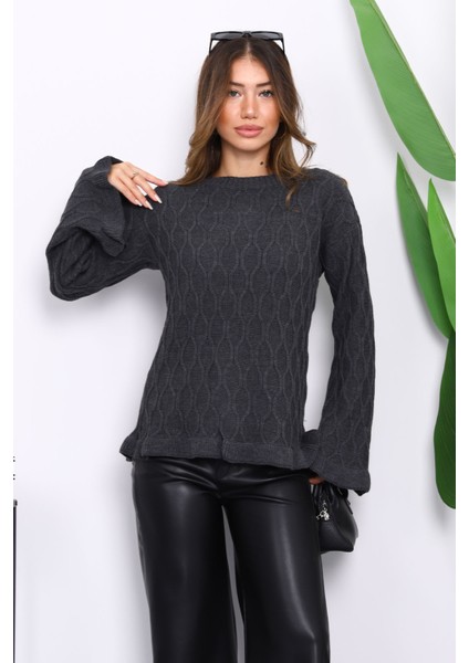 Füme Bel ve Kol Ucu Fırfırlı Triko Kazak