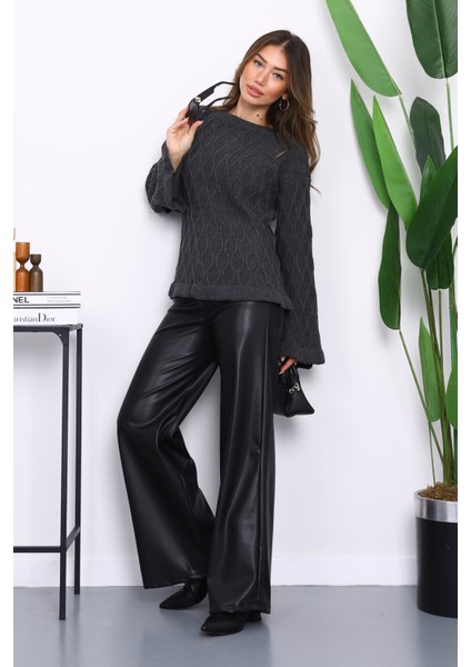 Füme Bel ve Kol Ucu Fırfırlı Triko Kazak fiyatları