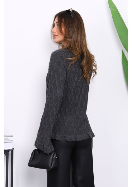 Füme Bel ve Kol Ucu Fırfırlı Triko Kazak fırsatları