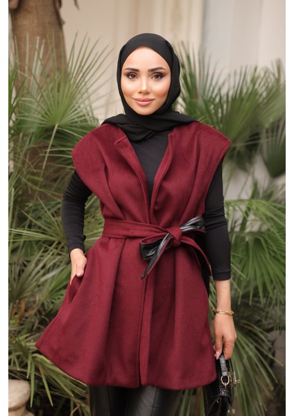 Bordo Kuşaklı Çift Cepli Kaşe Yelek modelleri
