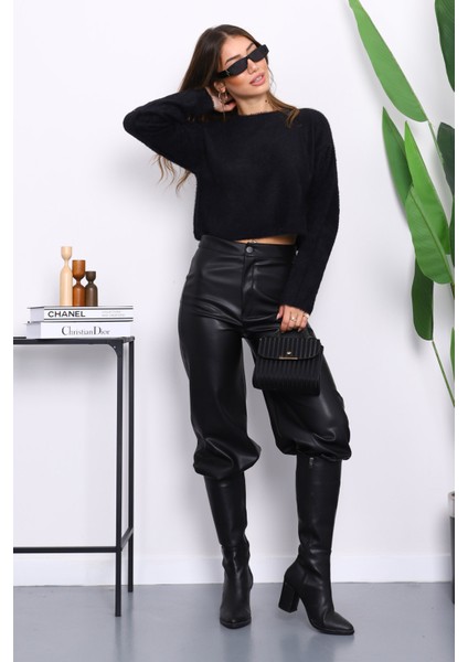 Siyah Bisiklet Yaka Angora Yumoş Crop Triko Kazak fiyatları