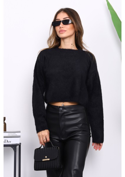 Siyah Bisiklet Yaka Angora Yumoş Crop Triko Kazak modelleri