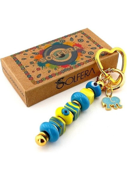 Sarı Mavi Murano Cam Nazar Boncuklu Çanta Süsü Fil Charm Anahtarlık KY057