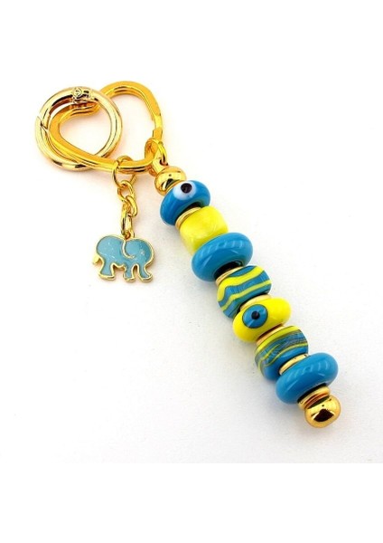 Sarı Mavi Murano Cam Nazar Boncuklu Çanta Süsü Fil Charm Anahtarlık KY057 fiyatları