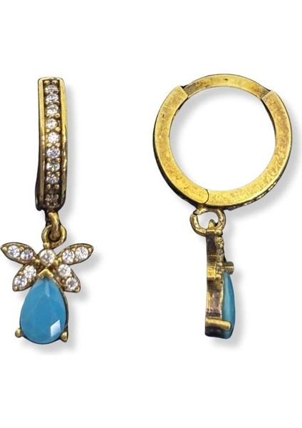 Minimal Taşlı Sallantılı Kelebek Akuamarin 24K Altın Kaplama Gümüş Halka Küpe 1.2x1.2 cm