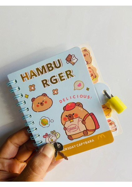 Capybara Kapibara Kilitli Not Defteri Ayraçlı Çizgili Spiralli