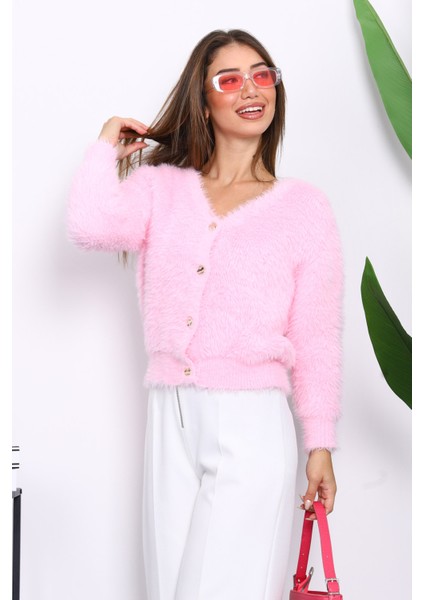 Pembe Dümeli Kısa Angora Yumoş Triko Hırka