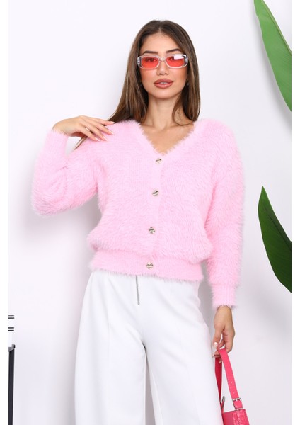 Pembe Dümeli Kısa Angora Yumoş Triko Hırka modelleri