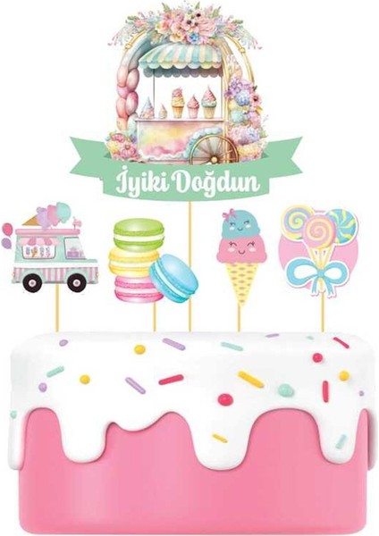 Çok Renkli Makaron Detaylı İyi Ki Doğdun Pasta Süsü