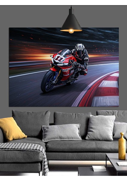Virajlı Yolda Hızla Ilerleyen Motorcu Dekoratif Kanvas - Mdf Ahşap Tablo