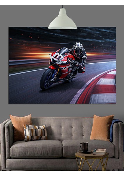 Virajlı Yolda Hızla Ilerleyen Motorcu Dekoratif Kanvas - Mdf Ahşap Tablo fiyatları
