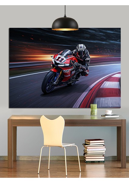 Virajlı Yolda Hızla Ilerleyen Motorcu Dekoratif Kanvas - Mdf Ahşap Tablo modelleri