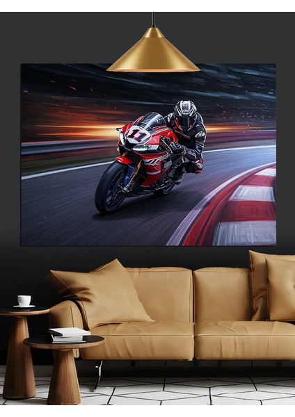 Virajlı Yolda Hızla Ilerleyen Motorcu Dekoratif Kanvas - Mdf Ahşap Tablo indirimleri