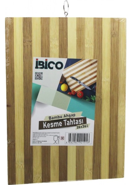 Beyaz Çizgili Ahşap Bambu Kesim Panosu - Kesme Tahtası Metal Kulplu 26 x 36 x 1.4cm (4887)