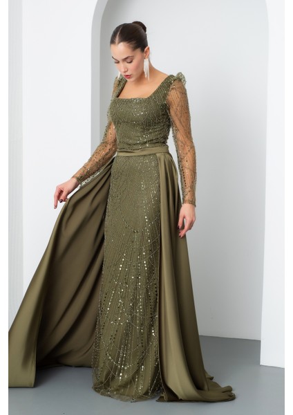Kadın Haki Uzun Kol Taşlı Saten Kuyruk Aksesuarlı Abiye fiyatları